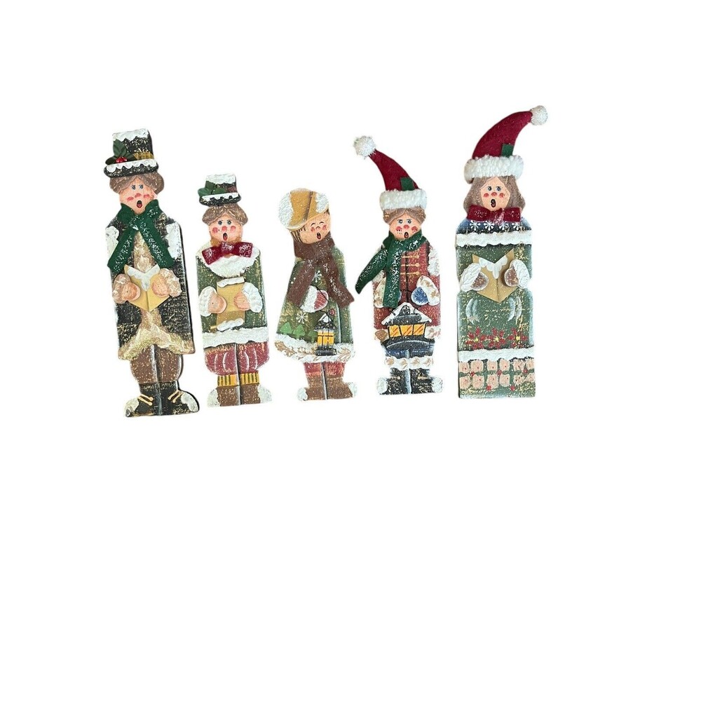 Vintage Wooden Christmas Carolers Hand-Painted Set Of 5 Rustic Victorian